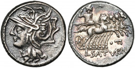 L. Appuleius Saturninus, AR denier, 104 av. J.-C., Rome. D/ T. casquée de Roma à g. R/ Saturne ten. les rênes et une harpa, conduisant un quadrige à d...