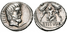 L. Titurius Sabinus, AR denier, 89 av. J.-C., Rome. D/ T. du roi Tatius barbu à d. A g., SABIN. A d., palme. R/ Tarpeia repoussant deux soldats qui la...