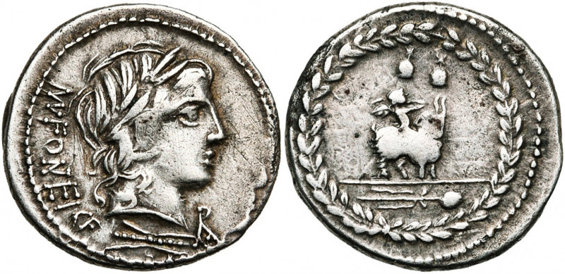 Mn. Fonteius, AR denier, 85 av. J.-C., Rome. D/ T. l. d''Apollon à d. Dessous, f...