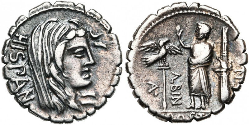 A. Postumius Albinus, AR denier serratus, 81 av. J.-C., Rome. D/ T. voilée d''Hi...