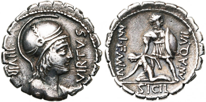 Mn. Aquillius, AR denier serratus, 71 av. J.-C., Rome. D/ B. casqué, dr. de Virt...