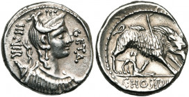 C. Hosidius Geta, AR denier, 68 av. J.-C., Rome. D/ B. de Diane à d., arc et carquois sur l''épaule. Devant, GETA. Derrière, III·VIR. R/ C HOSIDI C F ...