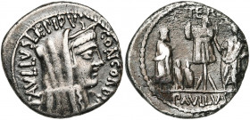 L. Aemilius Lepidus Paullus, AR denier, 62 av. J.-C., Rome. D/ PAVLLVS· LEPIDVS- CONCORDIA T. diad., voilée de Concordia à d. R/ Trophée. A d., L. Aem...