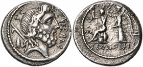 M. Nonius Sufenas, AR denier, 59 av. J.-C., Rome. D/ S·C SVFENAS T. de Saturne à d. Derrière, harpa et objet ovale. R/ PR·L-·V-·-P·F/ SEX· NONI Roma a...