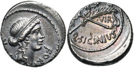 Q. Sicinius, AR denier, 49 av. J.-C., Rome. D/ FORT- P·R T. diad. à d. de Fortuna Populi Romani. R/ Une palme et un caducée sous une couronne. Dans le...