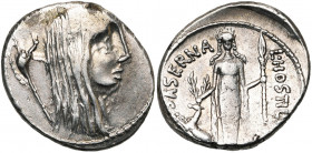 L. Hostilius Saserna, AR denier, 48 av. J.-C., Rome. D/ T. de femme à d. Derrière, carnyx. R/ L·HOSTILIVS- SASERNA Artémis deb. de f., ten. une lance ...