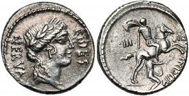 A. Licinius Nerva, AR denier, 47 av. J.-C., Rome. D/ T. l. de Fides à d. A g., NERVA. A d., FIDES. R/ Cavalier galopant à d., traînant un guerrier ten...