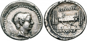 L. Livineius Regulus, AR denier, 42 av. J.-C., Rome. D/ T. à d. R/ Chaise curule entourée de fasces. Au-dessus, L·LIVINEIVS. A l''ex., REGVLVS. Cr. 49...