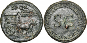 LIVIE (†29), femme d''Auguste, AE sesterce, 22-23, Rome. Frappé sous Tibère. D/ Carpentum tiré par deux mules. Au-dessus, S·P·Q·R·/ IVLIAE/ AVGVST. R/...