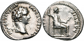 TIBERE (14-37), AR denier, 36-37, Lyon. D/ TI CAESAR DIVI- AVG F AVGVSTVS T. l. à d. R/ PONTIF- MAXIM Figure féminine, Pax ou Livie, assise à d. sur u...