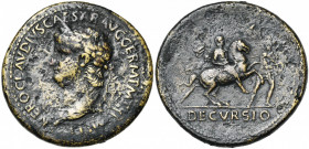 NERON (54-68), AE sesterce, 63, Rome. D/ NERO CLAVDIVS CAESAR AVG GERM P M TR P IMP P P T. l. à g. R/ Néron, ten. une lance, à cheval à d., un soldat ...
