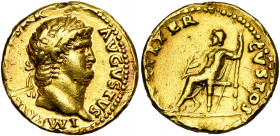 NERON (54-68), AV aureus, 66-67, Rome. D/ IMP NERO CAESAR- AVGVSTVS T. l., barbue à d. R/ IVPPITER- CVSTOS Jupiter assis à g., ten. un foudre et un lo...