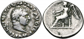 VITELLIUS (69-69), AR denier, 69, Rome. D/ A VITELLIVS GERM IMP AVG TR P T. l. à d. R/ Victoire assise à g., ten. une patère et une palme. BMC 373, 41...