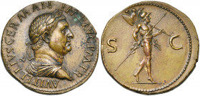 VITELLIUS (69), AE padouan. D/ A VITELLIVS GERMAN IMP AVG PM TR B. l., dr. à d. R/ S-C Mars marchant à d., ten. un trophée et une lance. Klawans 4; La...