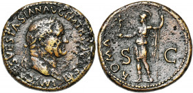 VESPASIEN (69-79), AE sesterce, 71, Rome. D/ IMP CAES VESPASIAN AVG PM TR P PP COS III T. l. à d. R/ ROMA/ S-C Roma casquée deb. à g., ten. une Victoi...