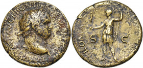 TITUS César (69-79), AE sesterce, 77-78, Lyon. D/ T CAES IMP AVG F PON TR P COS VI CENSOR T. l. à d., un petit globe à la pointe du cou. R/ ROMA/ S-C ...
