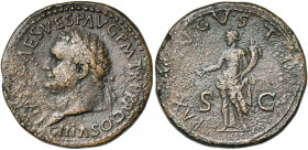 TITUS Auguste (79-81), AE sesterce, 80-81, Rome. D/ IMP T CAES VESP AVG P M TR P P P COS VIII T. l. à g. R/ PAX AVGVSTI/ S-C Pax deb. à g., ten. un ra...