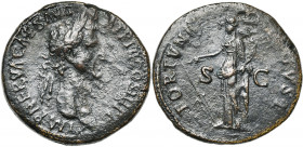 NERVA (96-98), AE sesterce, 97, Rome. D/ IMP NERVA CAES AVG-PM TR P II COS III PP T. l. à d. R/ FORTVNA- AVGVST/ S-C Fortuna deb. à g., ten. un gouver...
