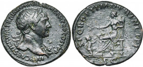 TRAJAN (98-117), AE as, 104-111, Rome. D/ IMP CAES NERVAE TRAIANO AVG GER DAC P M TR P COS V P P T. l. à d., l''épaule g. dr. de l''égide. R/ SPQR OPT...