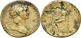 TRAJAN (98-117), AE sesterce, 112-115, Rome. D/ IMP CAES NERVAE TRAIANO AVG GER DAC P M TR P COS VI P P B. l. à d., l''épaule g. dr. de l''égide. R/ D...