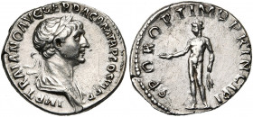 TRAJAN (98-117), AR denier, 112-117, Rome. D/ IMP TRAIANO AVG GER DAC PM TR P COS VI PP B. l., dr. à d. R/ S·P·Q·R· OPTIMO PRINCIPI Genius deb. à g., ...