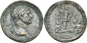 TRAJAN (98-117), AE sesterce, 116-117, Rome. D/ IMP CAES NER TRAIANO OPTIMO AVG GER DAC PARTHICO P M TR P COS VI P P B. l., dr. à d. R/ ARMENIA ET MES...