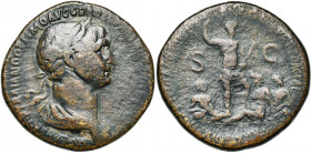 TRAJAN (98-117), AE sesterce, 116-117, Rome. D/ IMP CAES NER TRAIANO OPTIMO AVG GER DAC PARTHICO P M TR P COS VI P P B. l., dr. à d. R/ ARMENIA ET MES...