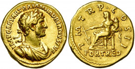 HADRIEN (117-138), AV aureus, 118, Rome. D/ IMP CAESAR TRAIAN HADRIANVS AVG B. l., dr., cuir. à d. R/ P M TR P COS II/ FORT RED Fortuna voilée assise ...