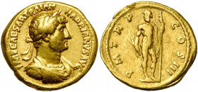 HADRIEN (117-138), AV aureus, 119-138, Rome. D/ IMP CAESAR TRAIAN- HADRIANVS AVG B. l., dr., cuir. à d. R/ P M TR P- COS III Jupiter deb. à d., t. de ...