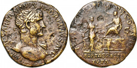 HADRIEN (117-138), AE sesterce, 119, Rome. D/ IMP CAESAR TRAIANVS- HADRIANVS AVG B. l. à d., l''épaule g. dr. R/ PONT MAX TR POT COS III/ S-C/ LIBERTA...