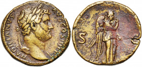 HADRIEN (117-138), AE sesterce, 119-138, Rome. D/ HADRIANVS- AVG COS III PP T. l. à d. R/ Némésis ailée avançant à d., la main d. sur la poitrine, ten...