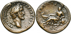 ANTONIN le Pieux (138-161), AE sesterce, 140-143, Rome. D/ ANTONINVS AVG PI-VS PP TR P COS III T. l. à d. R/ TIBERIS/ SC Le Tibre étendu à g., ten. un...
