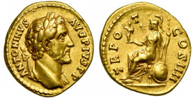 ANTONIN le Pieux (138-161), AV aureus, 145-161, Rome. D/ ANTONINVS AVG PIVS P P T. l. à d., l''épaule g. dr. R/ TR PO-T COS IIII Roma assise à g. sur ...