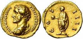 ANTONIN le Pieux (138-161), AV aureus, 153-154, Rome. D/ ANTONINVS AVG PIVS PP TR P XVII B. dr., cuir. à g., tête nue. R/ COS IIII L''empereur en toge...