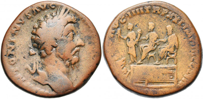 MARC AURELE Auguste (161-180), sesterce, 166-167, Rome. D/ M ANTONINVS AVG-ARM P...