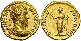 MARC AURELE Auguste (161-180), AV aureus, 168-169, Rome. D/ M ANTONINVS AVG TR P XXIII B. l., dr., cuir. à d. R/ FELICITAS AVG COS III Felicitas deb. ...