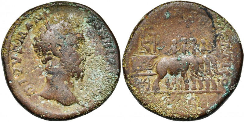 MARC AURELE divinisé, AE sesterce, 180, Rome. Frappé sous Commode. D/ DIVVS M AN...