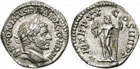 CARACALLA Auguste (198-217), AR denier, 217, Rome. D/ ANTONINVS PIVS AVG GERM T. l. à d. R/ PM TR P XX COS IIII PP Jupiter deb. à g., ten. le foudre e...