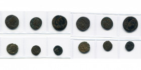 lot de 6 bronzes: Constant Auguste, centenionalis, R/ Soldat traînant une petite figure hors d''une hutte (2); Gratien, AE2, R/ L''empereur tendant la...