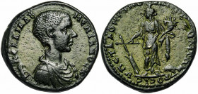 MESIE, NICOPOLIS, Diaduménien (217-218), AE bronze. Au nom du légat Statius Longinus. D/ B. dr., cuir. à d. R/ Tyché deb. à g., coiffée du polos, ten....