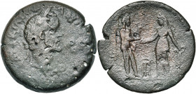 EGYPTE, ALEXANDRIE, Antonin le Pieux (138-161), AE drachme, 144-145. D/ T. l. à d. R/ Apollon Didymaios deb. à d., ten. un petit cerf sur la main d. e...