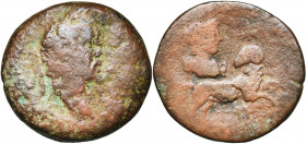 EGYPTE, ALEXANDRIE, Antonin le Pieux (138-161), AE drachme, 144-145. Série du Zodiaque: Arès (Mars) en Aries. D/ T. à d. R/ B. casqué, dr. d''Arès à d...