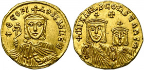 Théophile (829-842), AV solidus, 830-840, Constantinople. D/ B. cour. de f., ten. une croix patriarcale et l''akakia. BASILE''Θ en fin de légende. R/ ...