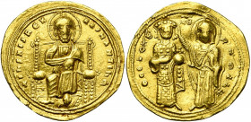 Romain III Argyre (1028-1034), AV histamenon, Constantinople. D/ Le Christ nimbé, trônant de f., bénissant et ten. les Evangiles. R/ L''empereur deb. ...