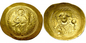 Constantin IX Monomaque (1042-1055), AV histamenon, Constantinople. D/ Le Christ nimbé, trônant de f. et ten. les Evangiles. Le dossier du trône en fo...
