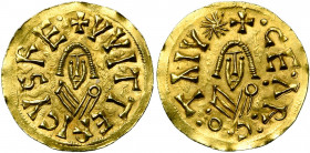 WISIGOTHS, Witteric (603-610), AV tremissis, Caesaraugusta (Saragosse). D/ + VVITTERICVS RE: B. stylisé de f. R/ +·CE:ΛR:C·O:TΛIV* B. stylisé de f. Mi...