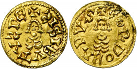 WISIGOTHS, Sisebut (612-621), AV tremissis, Cordoue. D/ + ISIBVTV PE Buste stylisé de f. R/ + CORΔOBΛ PVS Buste stylisé de f. Miles 185 var.; C.N.V....