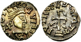 MEROVINGIENS, tremissis d''électrum, milieu du 7e s., atelier indéterminé (Metz ?). Type de Chalon. D/ B. stylisé à d. Légende dégénérée. R/ Croix lat...