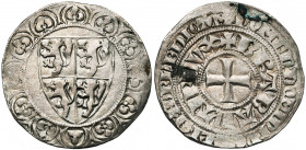 BRABANT, Duché, Jean II (1294-1312), AR gros à l''écu. D/ Dans une bordure formée de douze arceaux ornés de onze fleurs de lis et d''un trèfle, l''écu...