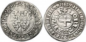 BRABANT, Duché, Jean II (1294-1312), AR gros à l''écu, Anvers. D/ Dans une bordure formée de douze arceaux ornés d''une fleur de lis, l''écu écartelé ...